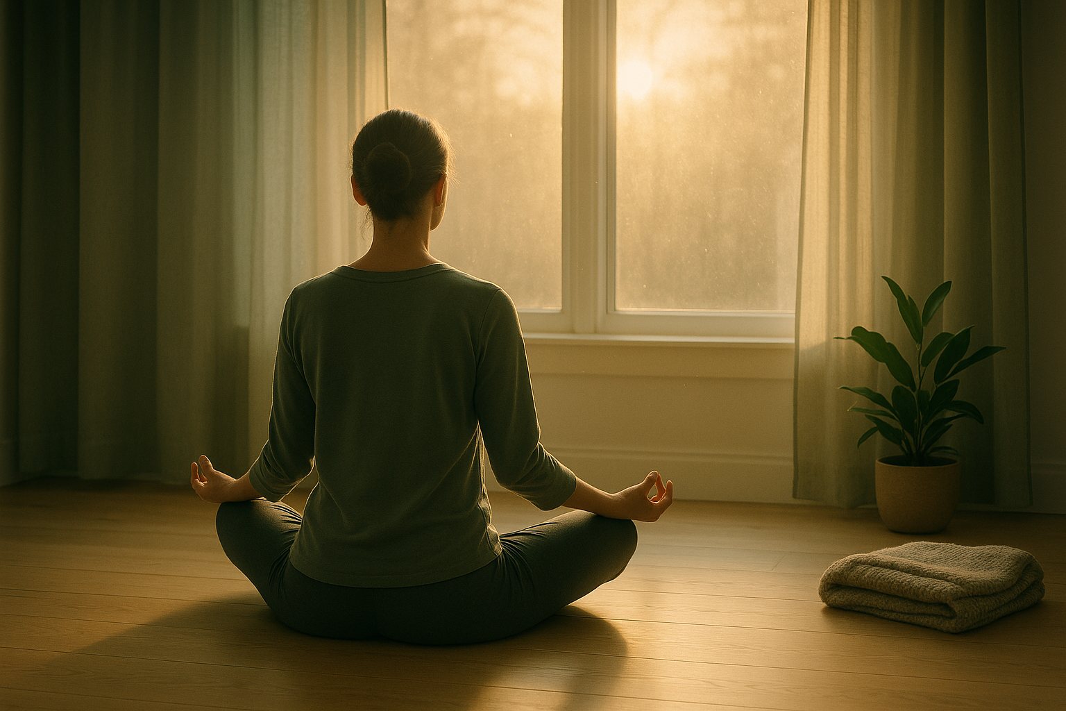 Une personne assise en tailleur, de dos, face à une fenêtre au lever du soleil, mains posées sur les genoux