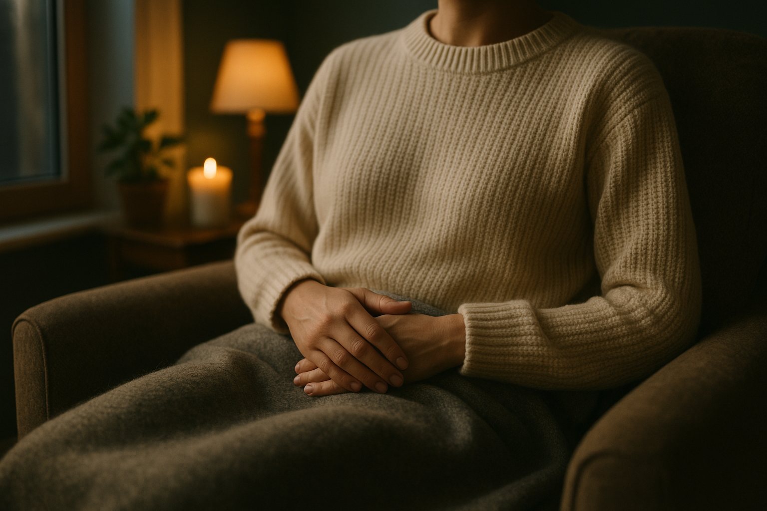Une personne assise dans un fauteuil, les mains posées sur le ventre, couverte d'un plaid, à la lumière d'une lampe
