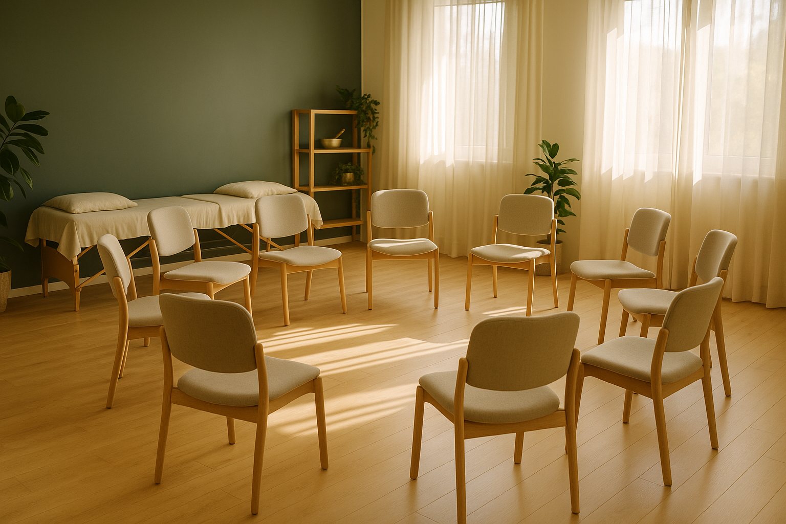 Une salle de formation lumineuse avec dix chaises en cercle, deux tables de soin et des plantes