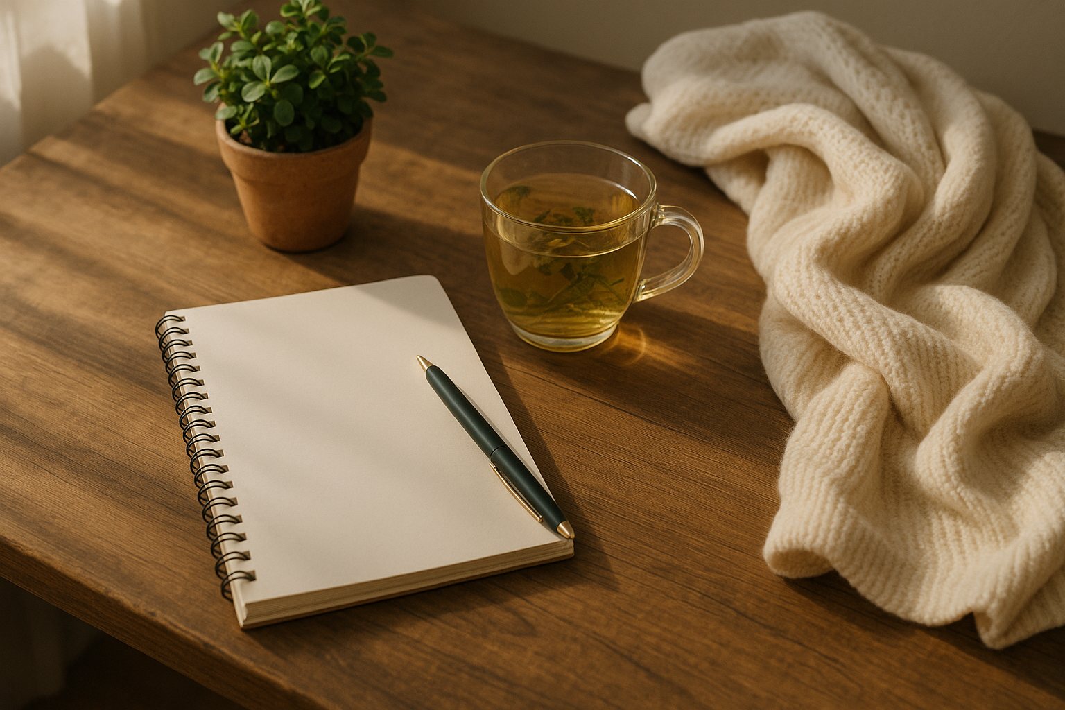 Une table en bois avec un cahier ouvert, un stylo, une tasse de tisane et une petite plante