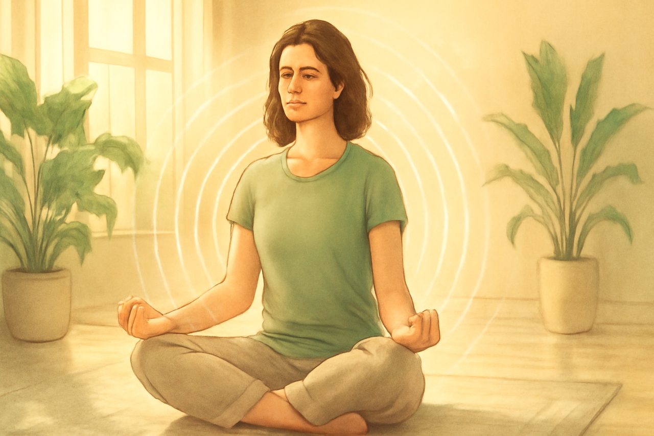 Femme sereine en méditation baignée d'une lumière douce, entourée de fines ondes concentriques évoquant un taux vibratoire élevé et le bien-être énergétique